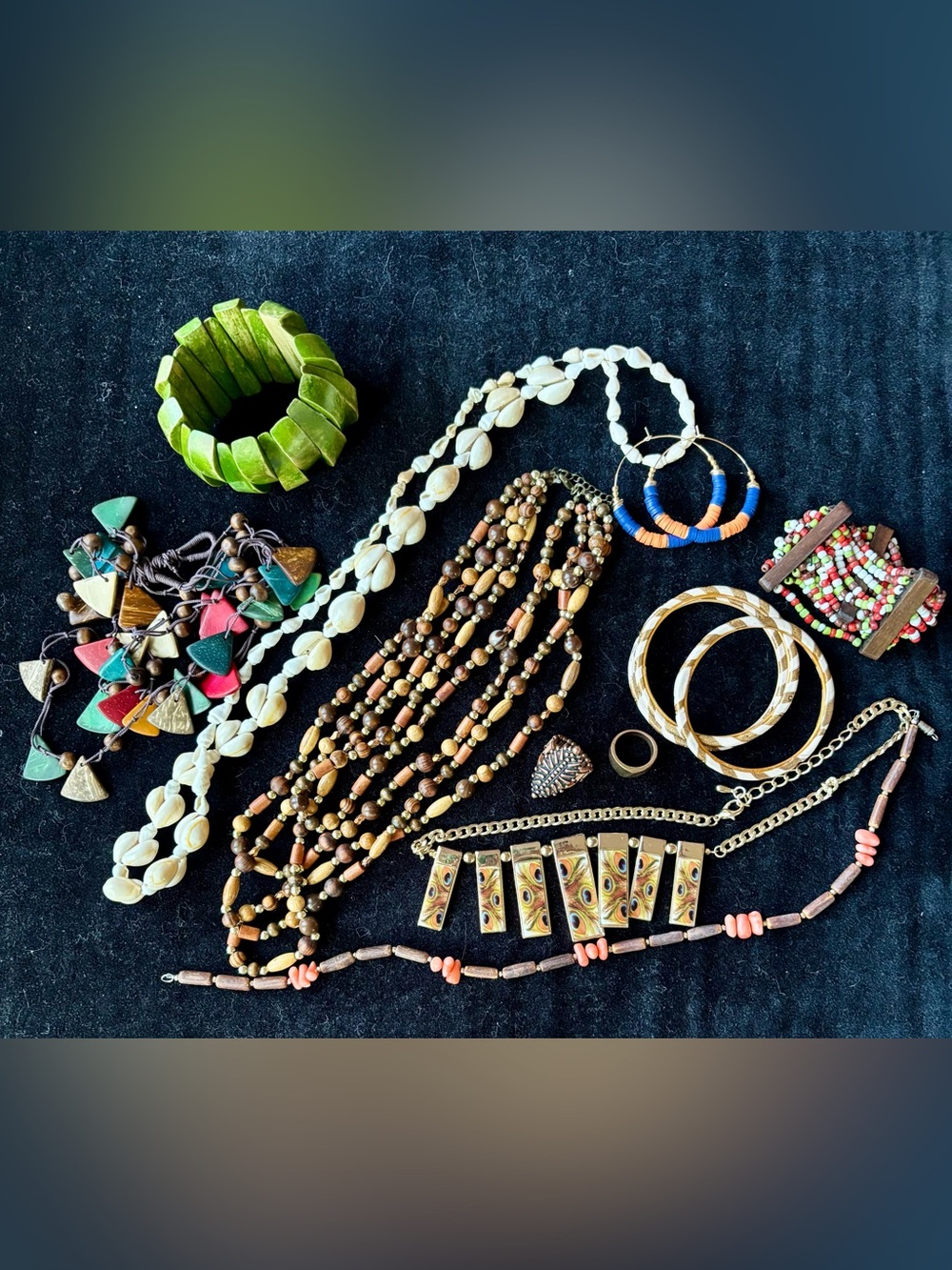 Boho Jewelry Lot Wood Shell Beaded Necklaces Bracelets Earrings Rings